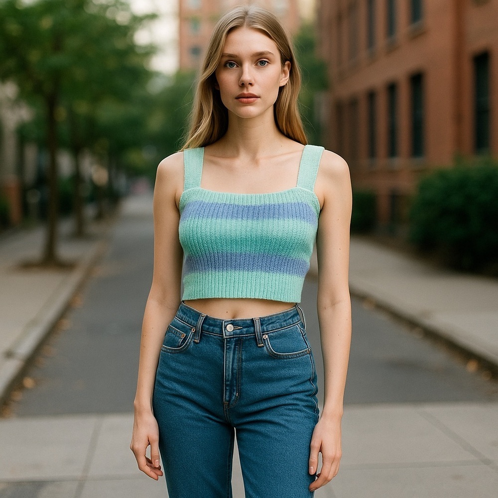 Bailey Rose Blue/Green Cropped Sweater Tank Top Large